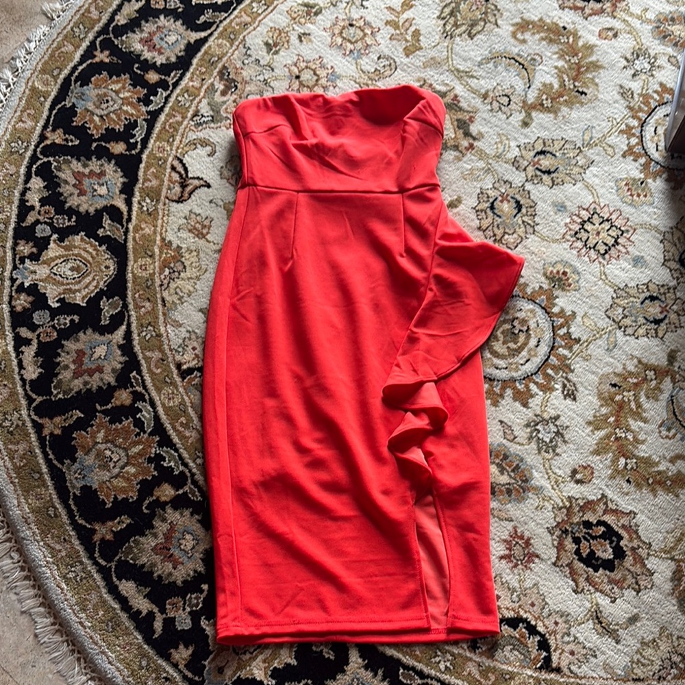 Red Asymmetrical Ruffled Strapless Dress